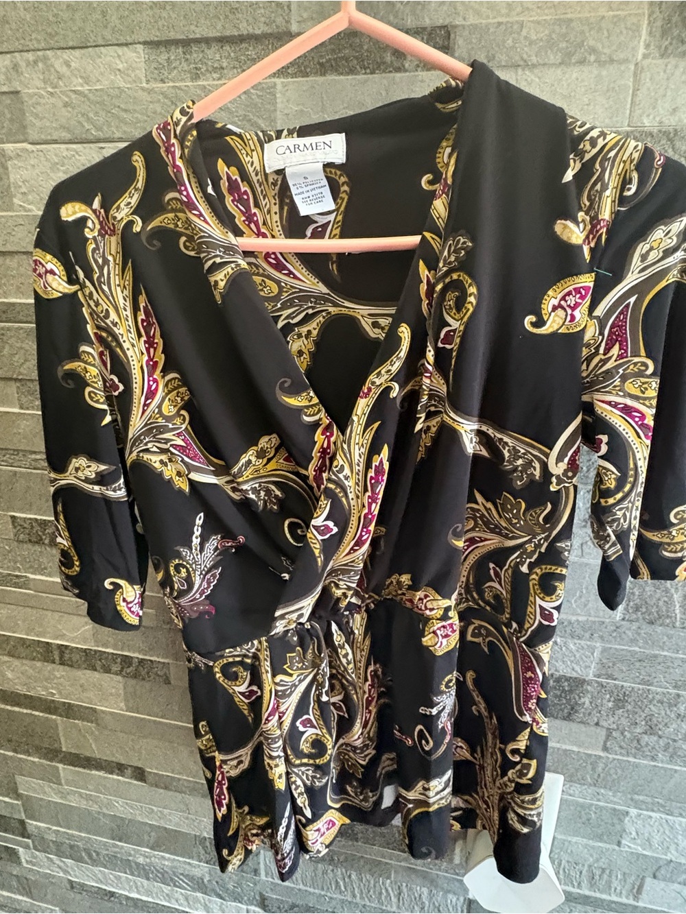 Carmen Marc Valvo Black Paisley shirt with Gold and Burgundy Accents